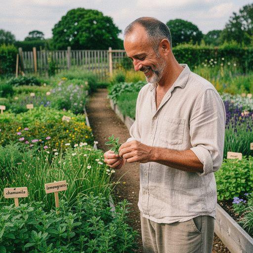 Zátišie s čajovými lístkami a čerstvými bylinkami na drevenom stole.